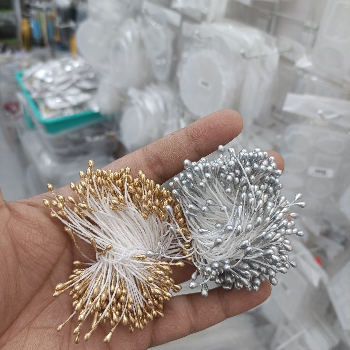 Set of gold and silver artificial pollen sprays with bead-like florets and stems