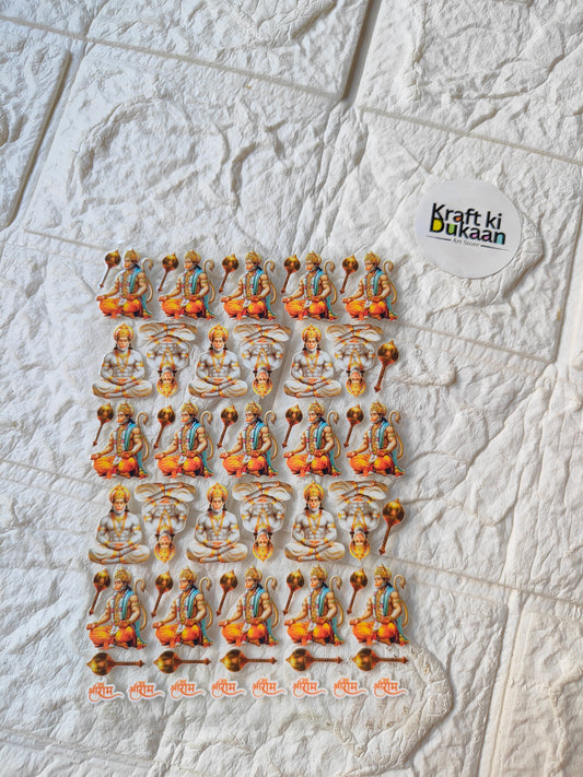 Peel-off sticker sheet with small illustrated orange and blue figure designs