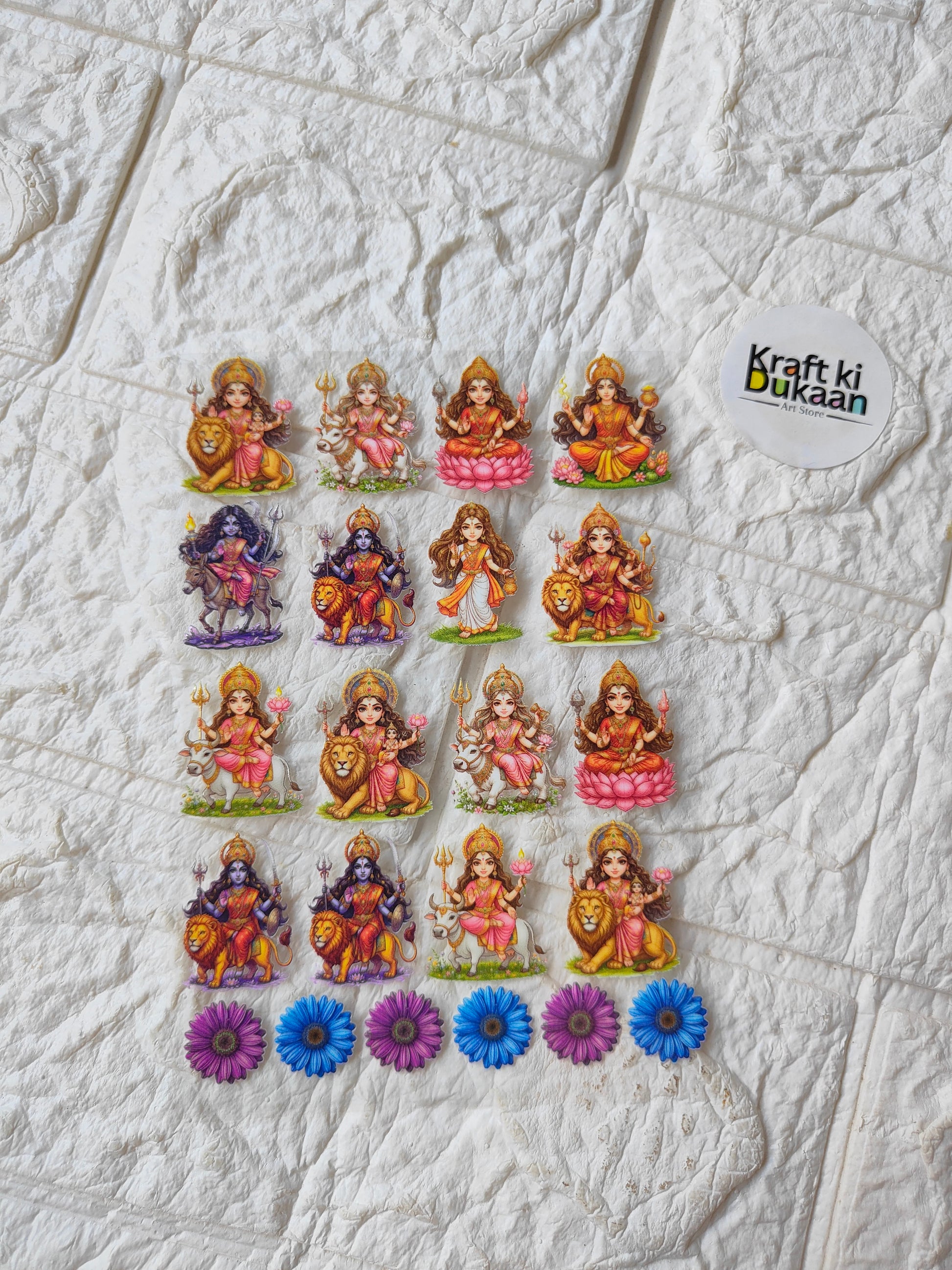 UV DTF peel-off sticker sheet with colorful goddess character stickers, Kraft ki Dukaan