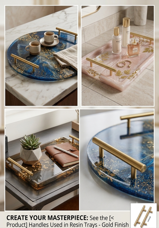 Gold metal tray handle set with two parallel bar handles on a blue tray