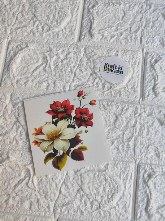 Floral mini sticker sheet with red and cream flowers, green leaves on white backing