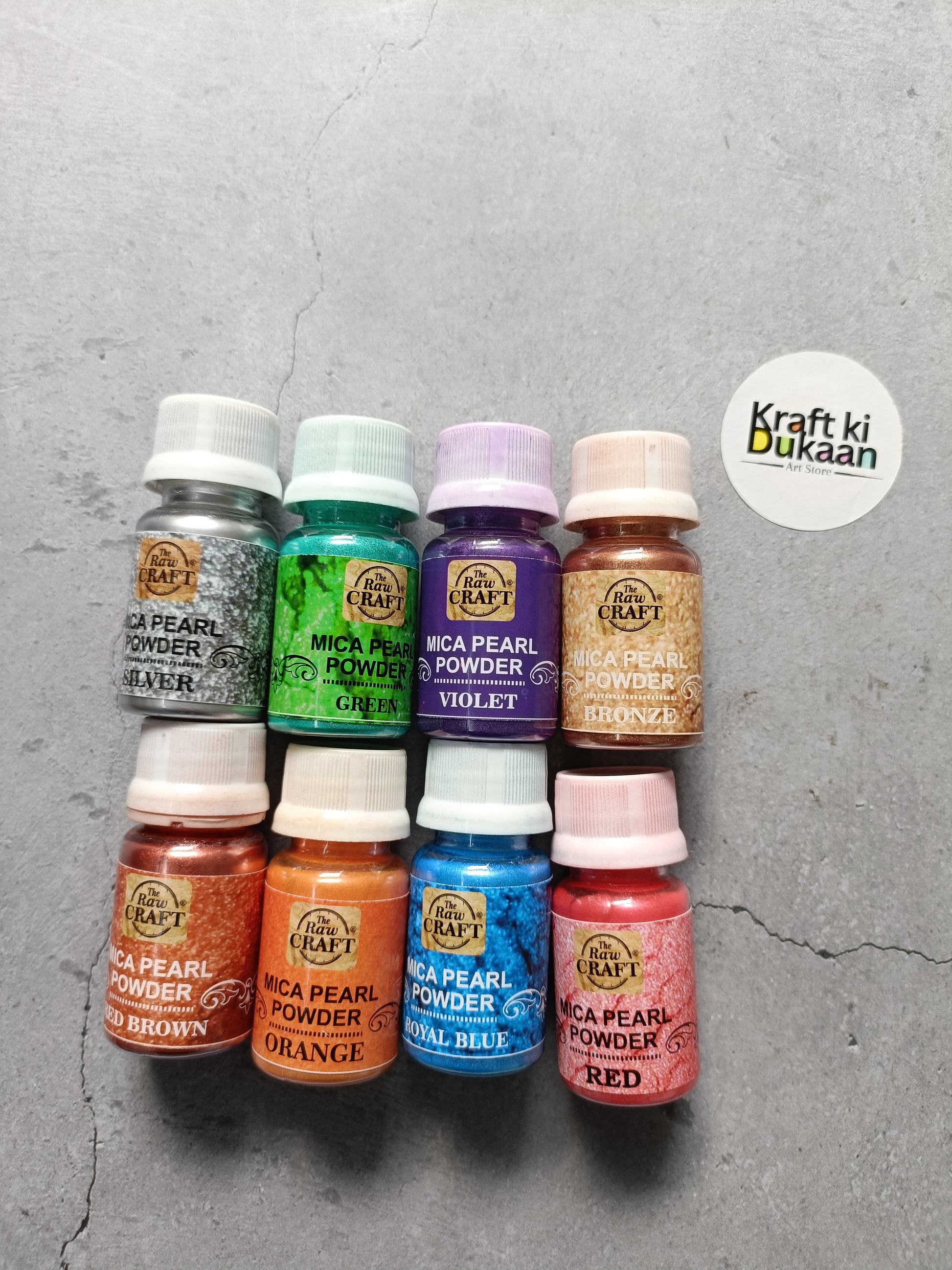 Mica pearl powder bottles assortment, multiple colors including silver, gold, violet