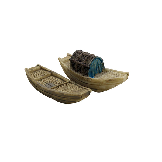 Miniature 2-piece wooden model boats, one with dark cargo and blue rope