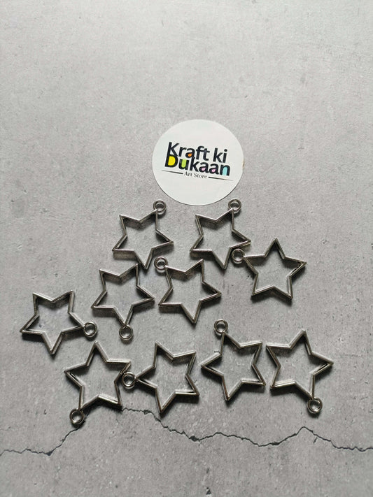 Star bezel pendant set of 10, silver-tone star charms with loop backs