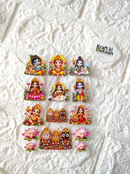 UV DTF peel-off sticker sheet with colorful cartoon deity figures