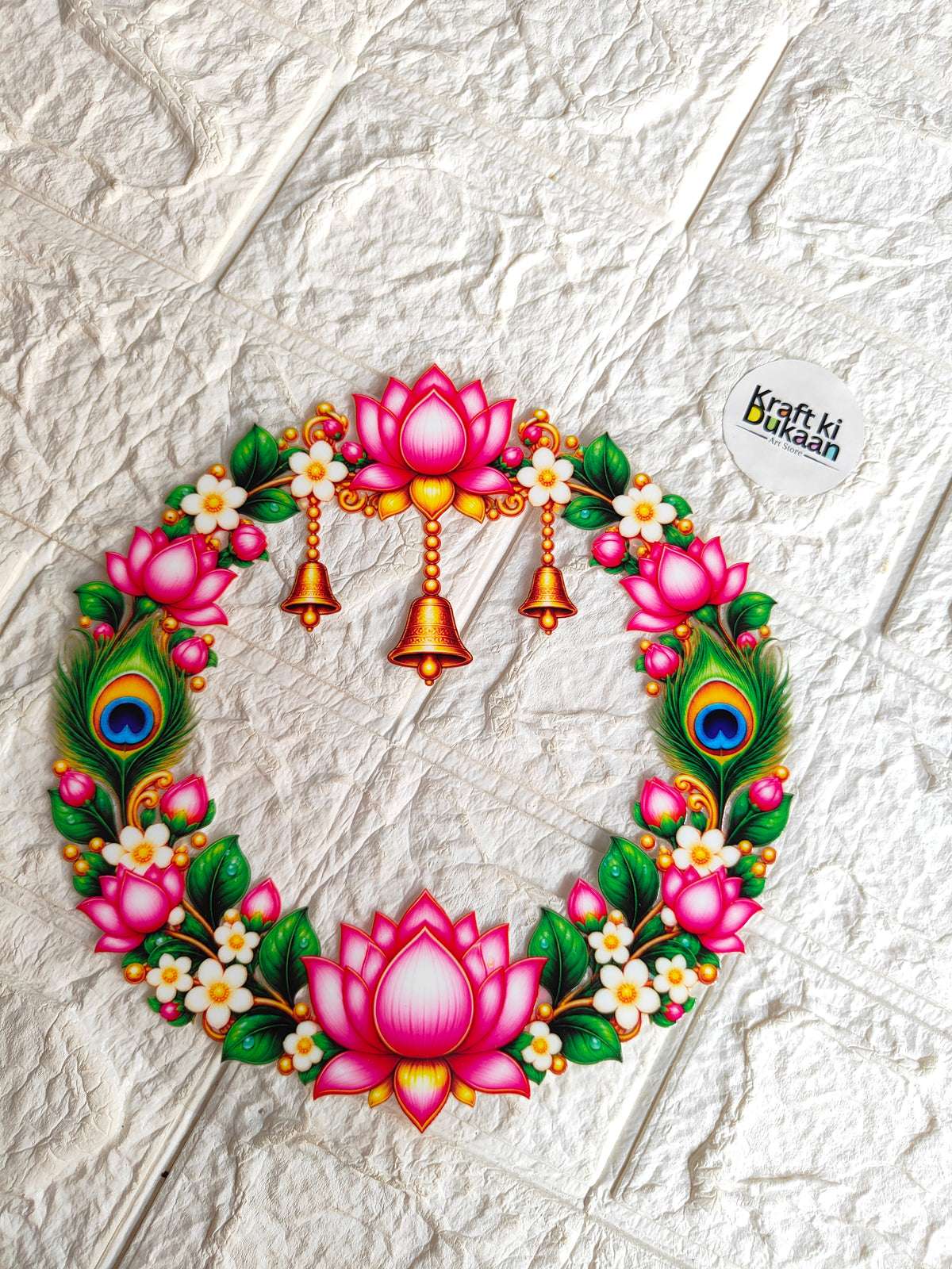 Round peel-off sticker with pink lotus floral wreath and three hanging bells