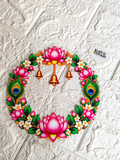 Round peel-off sticker with pink lotus floral wreath and three hanging bells