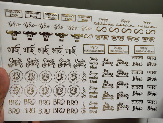 Gold embossed sticker sheet with small decorative icons and message text in rows