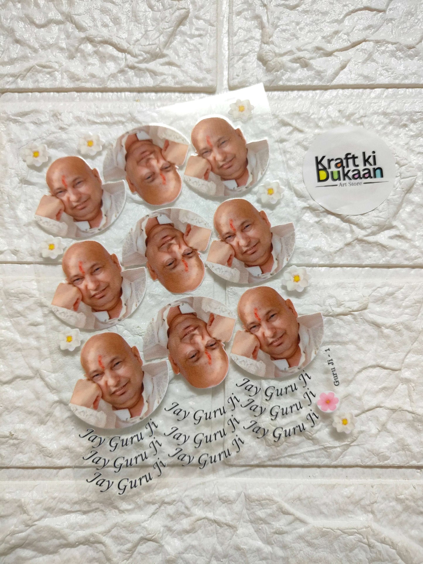 Peel off sticker sheet with circular portraits and 'Jay Guru' text