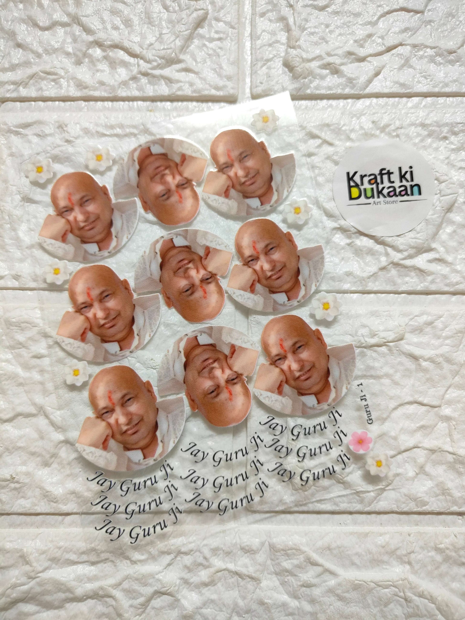 Peel off sticker sheet with circular portraits and 'Jay Guru' text