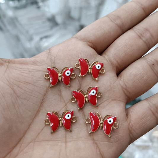 Red enamel fish-shaped pendants with white/blue eye, gold loops (pack of 5)