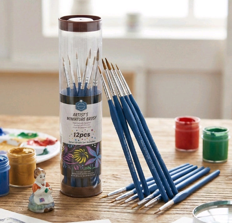 12-piece paint brush set, blue-handled brushes with fine bristles in tube box
