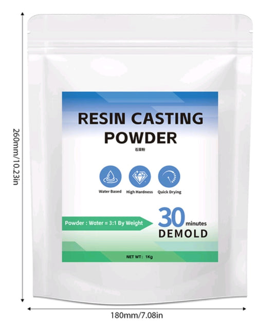 Resin casting powder bag, white pouch with green/blue label and 1 kg net weight