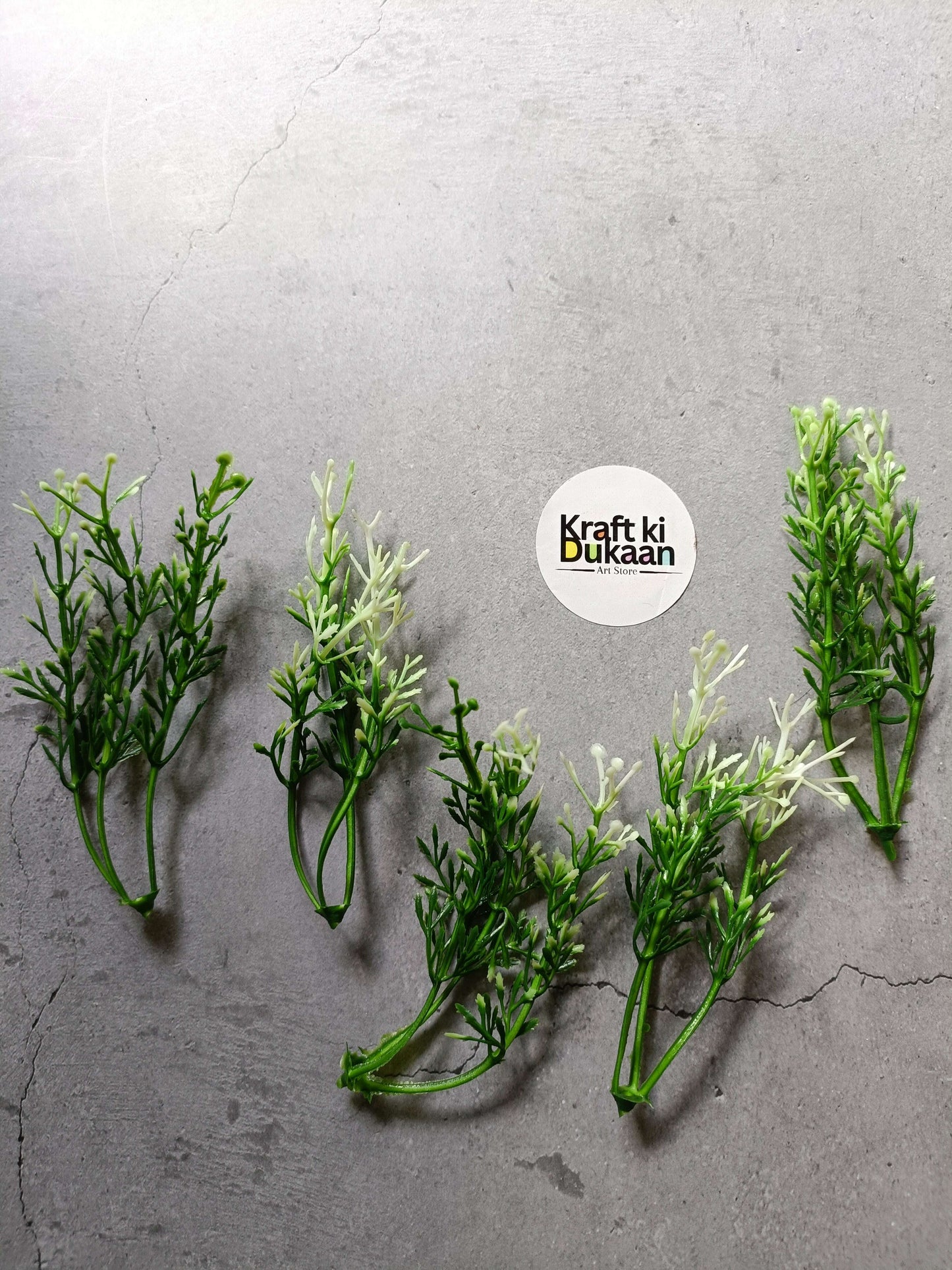 Artificial flower stems set, green foliage with small white bud clusters