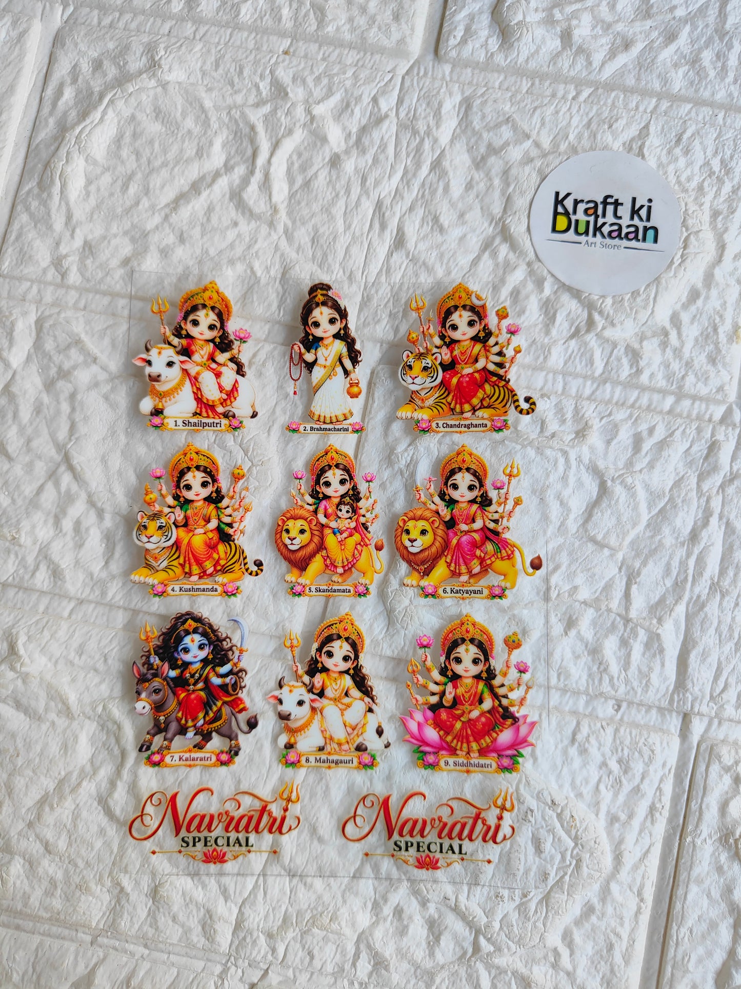 Colorful Navratri goddess peel-off sticker sheet with multiple cartoon figures