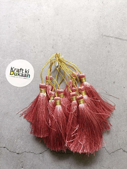 Silk tassel set, rose-pink tassels with gold cords and gold bead caps