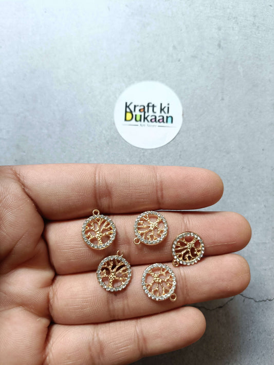 Set of 5 round gold-tone pendant charms with rhinestone border and loop tops