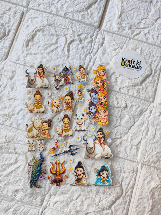 UV DTF peel-off sticker sheet with cartoon characters, blue accents, 'Kraft ki Dukaan' logo