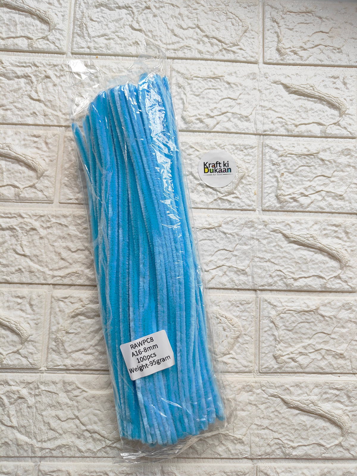Light blue pipe cleaners, 8mm stems, packed in plastic with product label