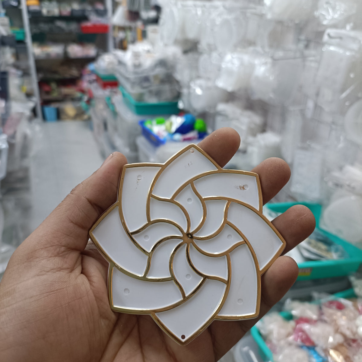4-inch acrylic rangoli tealight base, white petals with gold outline—set of 2