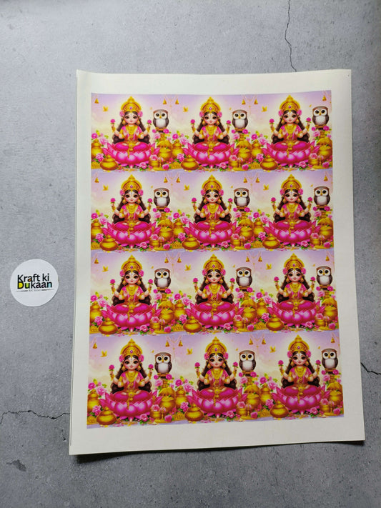 A4 color sticker sheet with repeating pink goddess figures and small owls