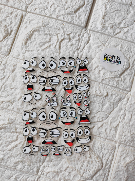 Peel-off sticker sheet with cartoon face characters, multiple expressions and red accents