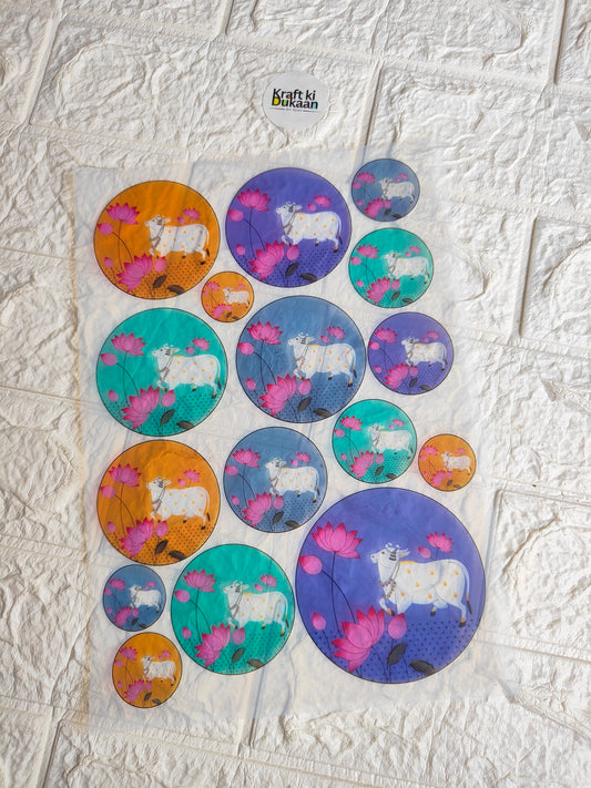 Floral circular insert sheet with mixed blue, teal, orange and pink flower designs