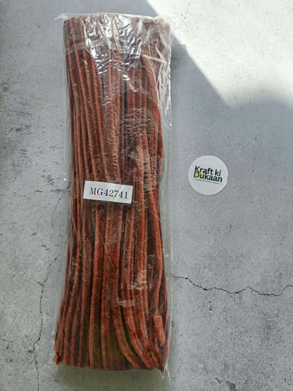 Chocolate brown pipe cleaners bundle in clear packaging, fuzzy chenille texture.