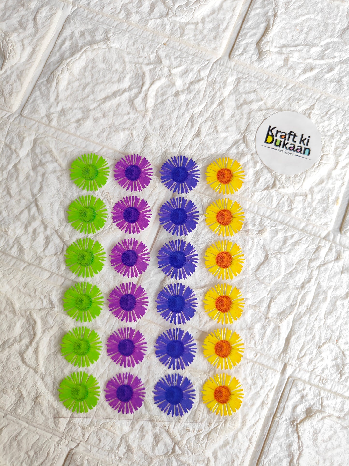 UV DTF peel-off sticker sheet of round flower stickers: green, purple, blue, yellow