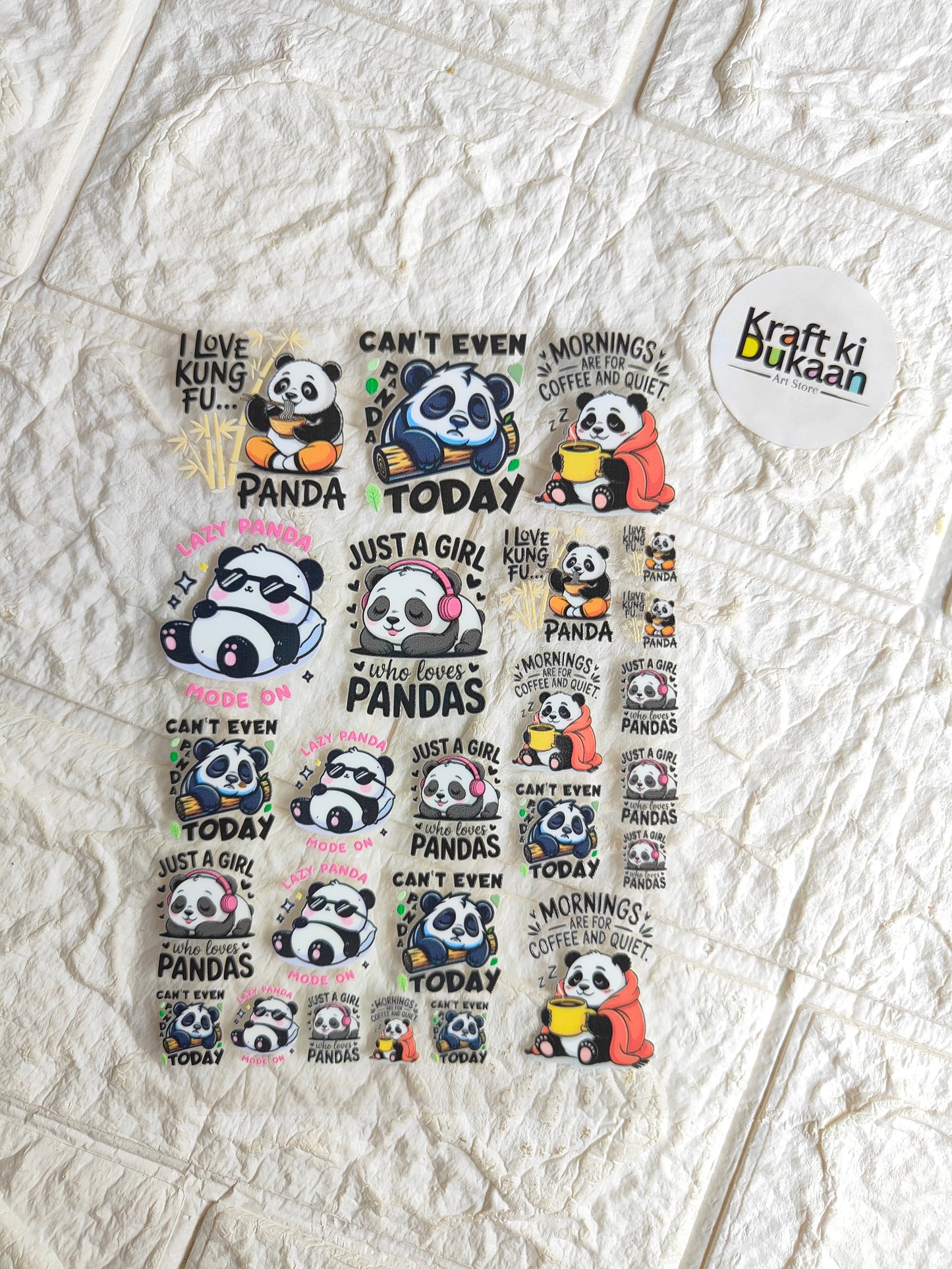 Panda-themed UV DTF peel-off sticker sheet with cartoon bears and assorted phrases