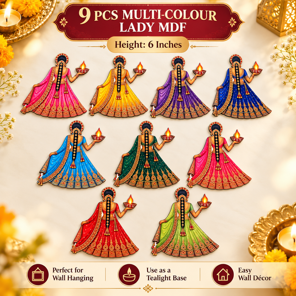 Nine-piece multi-color MDF lady decor set with nine figurines holding small diyas