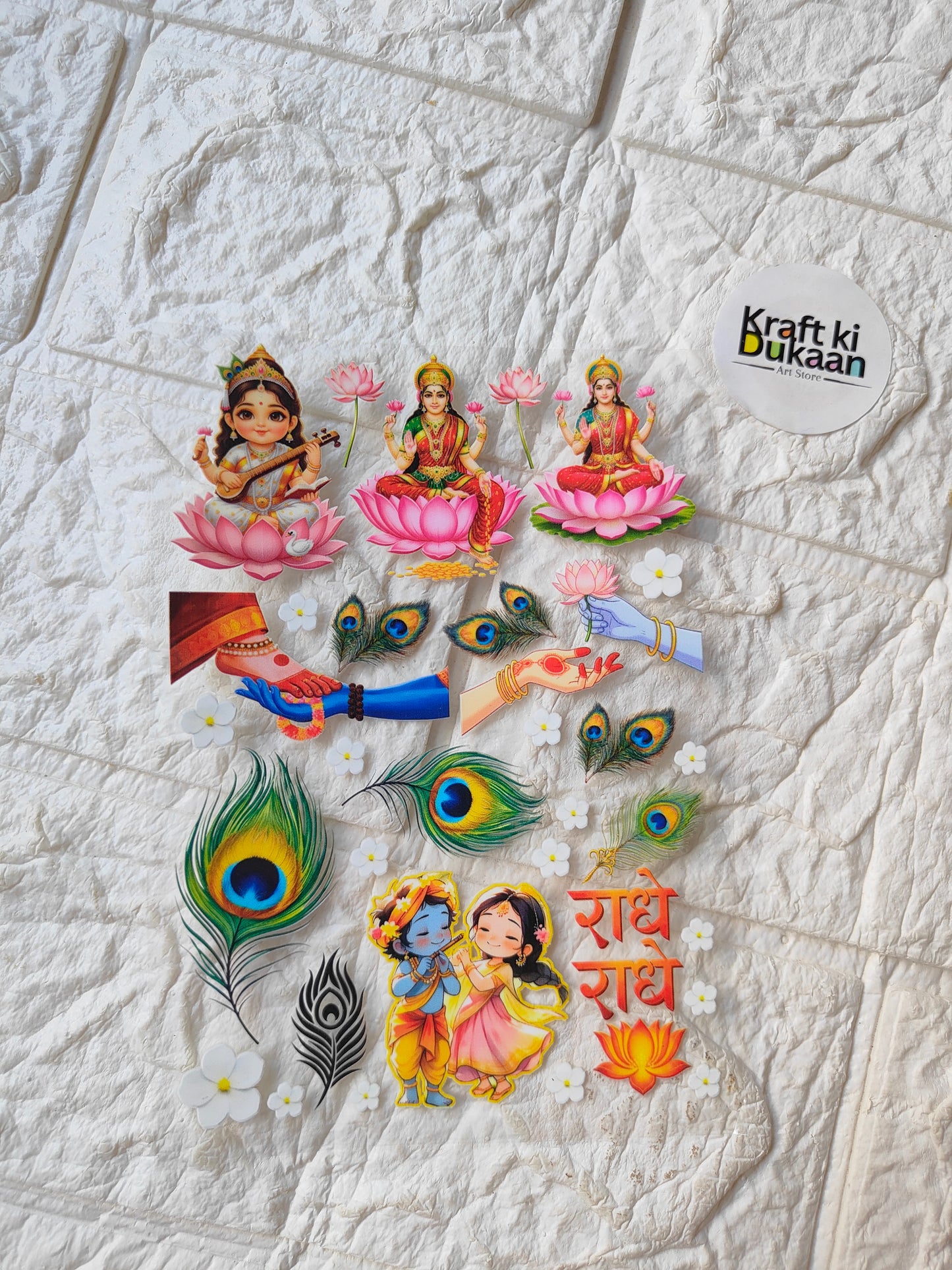 UV DTF peel-off sticker sheet with peacock feathers, Hindu figures, and pink flowers