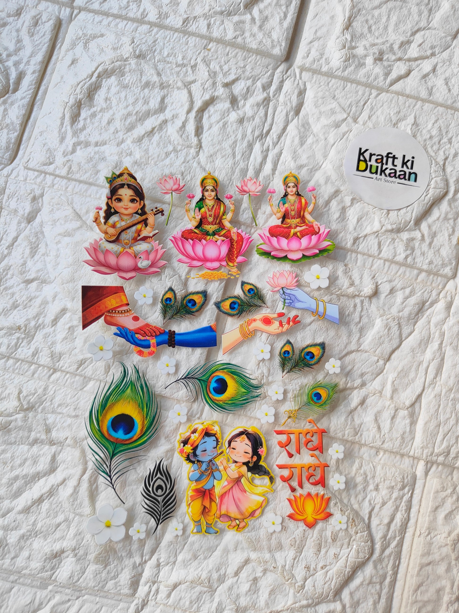UV DTF peel-off sticker sheet with peacock feathers, Hindu figures, and pink flowers
