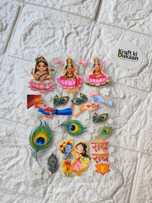 UV DTF peel-off sticker sheet with peacock feathers, Hindu figures, and pink flowers