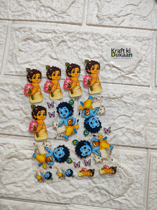 UV DTF peel-off sticker sheet with cartoon girls, blue characters, and hearts, small cutouts