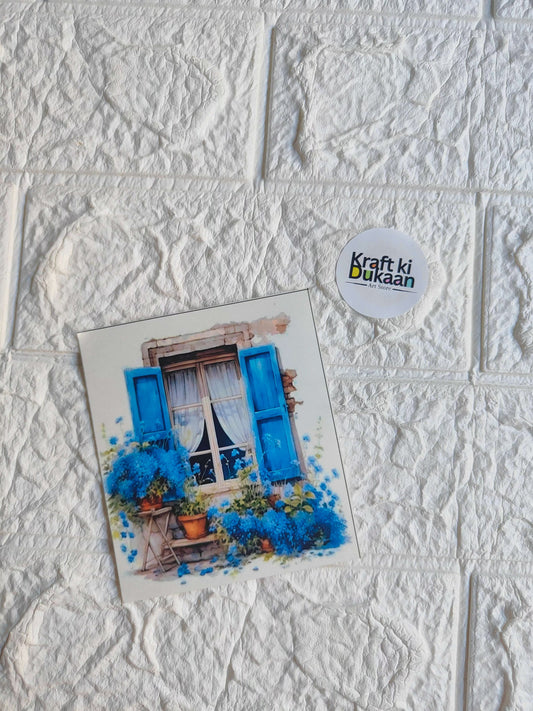 Mini colour sticker sheet with blue window and potted flowers scene