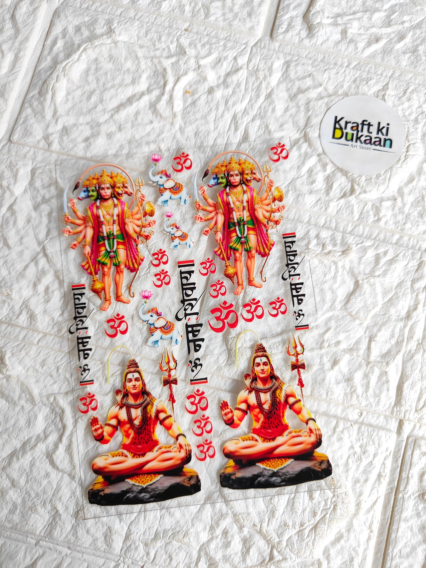 UV DTF peel-off sticker sheet with orange Hindu deity figures and decorative icons