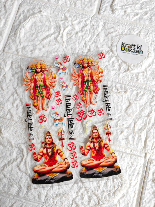 UV DTF peel-off sticker sheet with orange Hindu deity figures and decorative icons