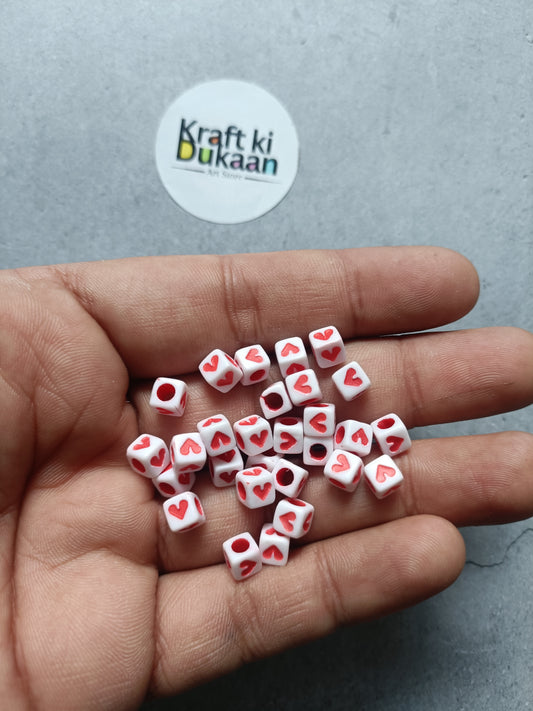 Rakhi bracelet beads pack of 50 white cube beads with red heart designs, small hole