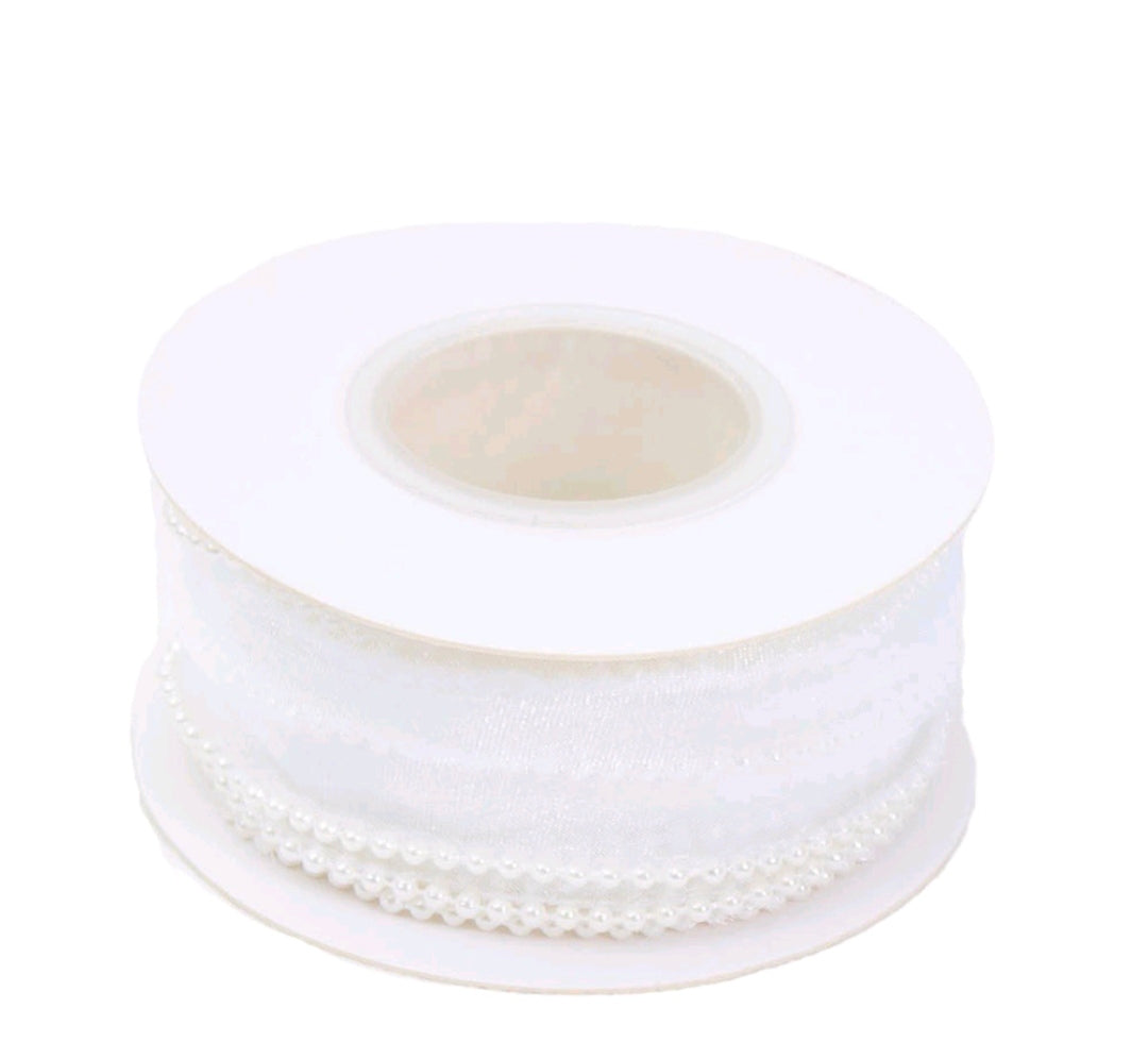 White satin ribbon roll with small pearl bead trim, 4 cm width