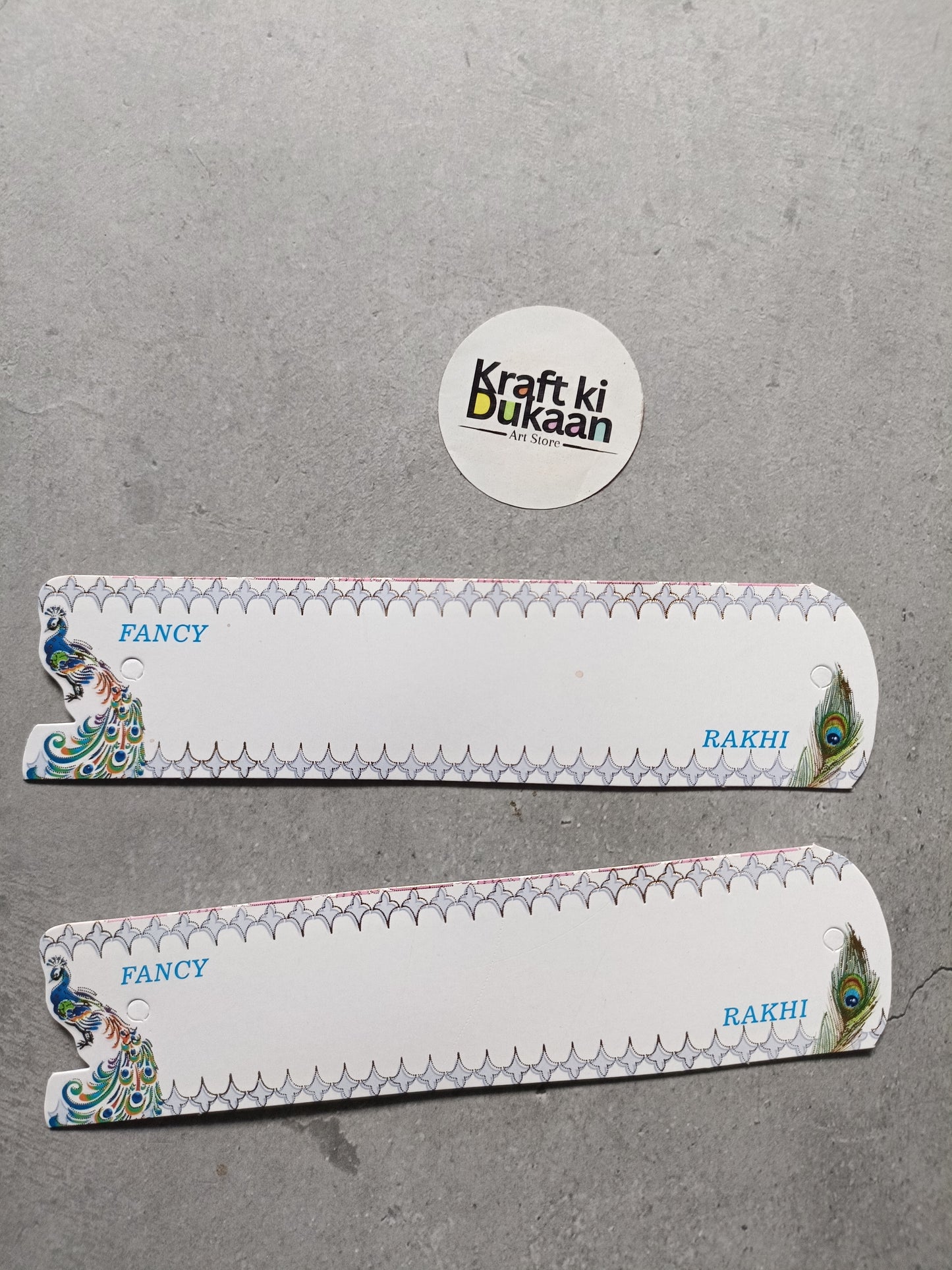 Rakhi greeting cards, white with decorative border and peacock corners, set of 12