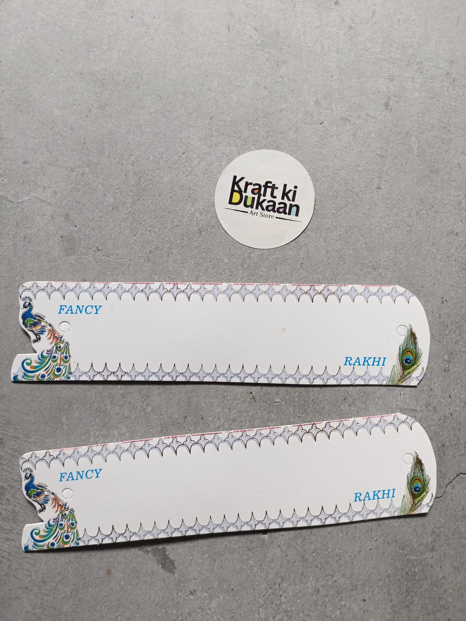 Rakhi greeting cards, white with decorative border and peacock corners, set of 12