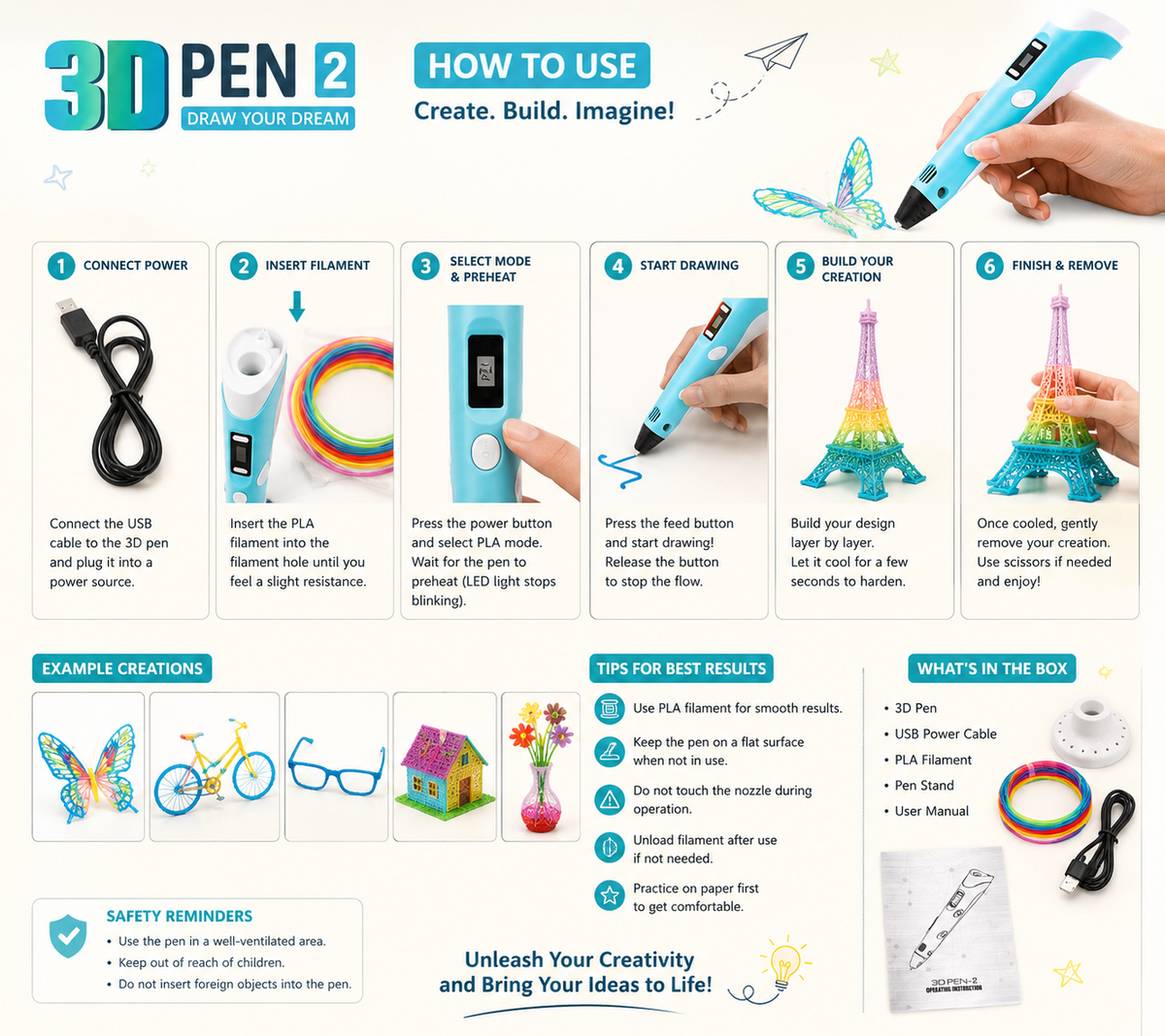 Teal 3D pen with instruction poster showing steps and example creations