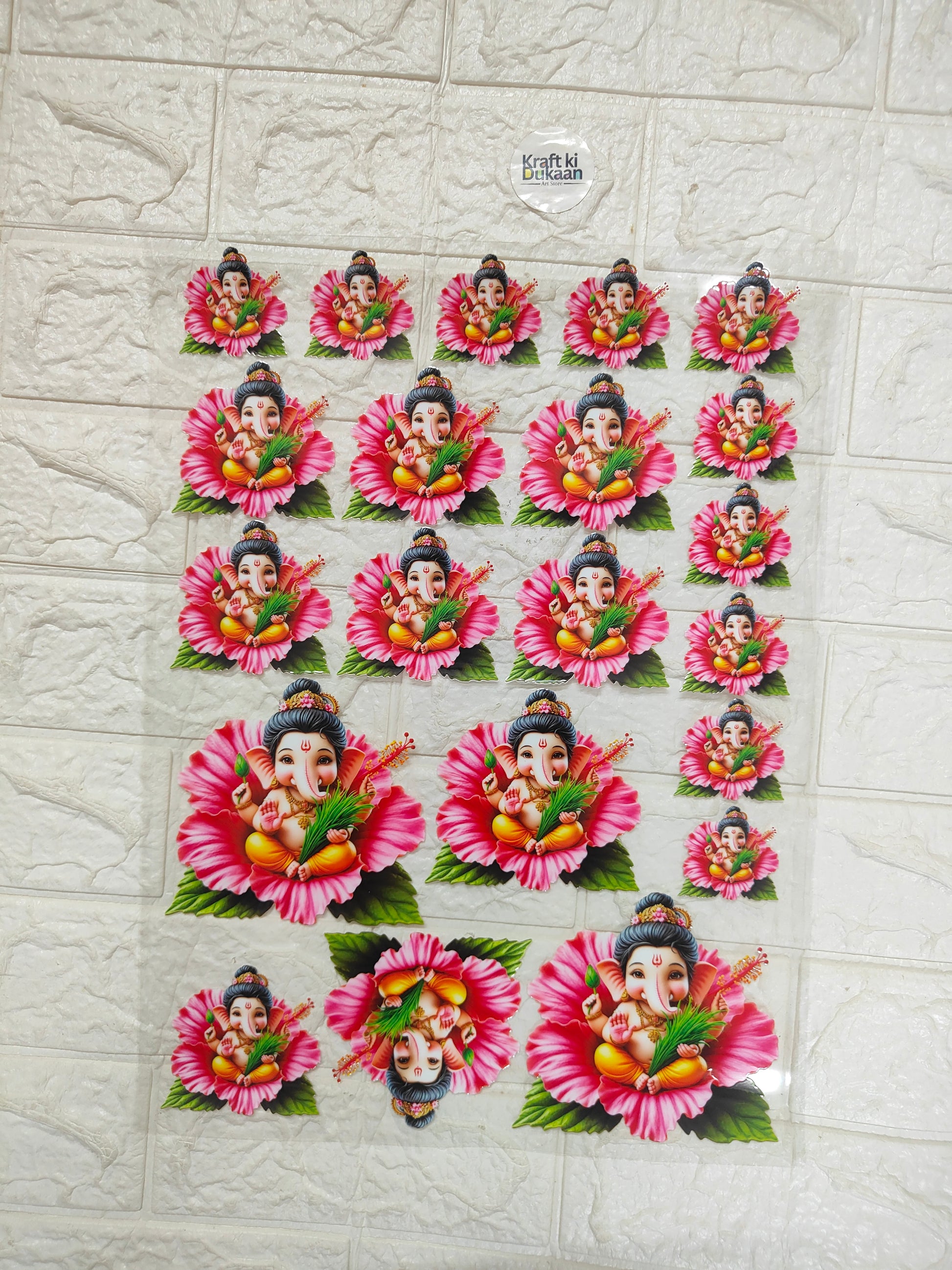 Peel-off Ganpati lotus sticker sheet with 3D-style colorful deity stickers, A3