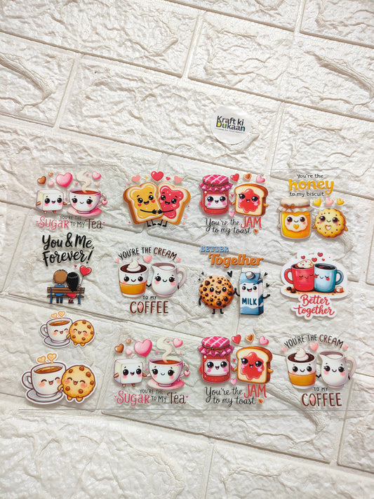 A4 UV DTF peel-off sticker sheet with cute tea, coffee, and cookie character designs