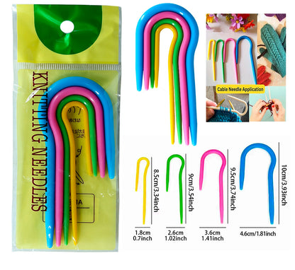 Plastic U-shaped needles set of 4, colorful rainbow crochet knitting hooks
