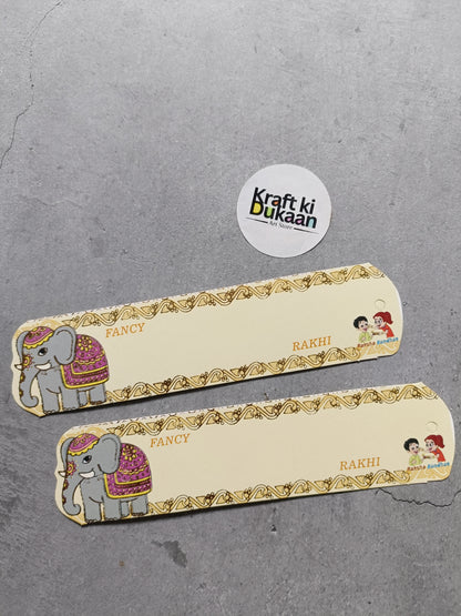 Rakhi cards pack of 12 A9, gold border with elephant and kids, 'Rakhi' text.