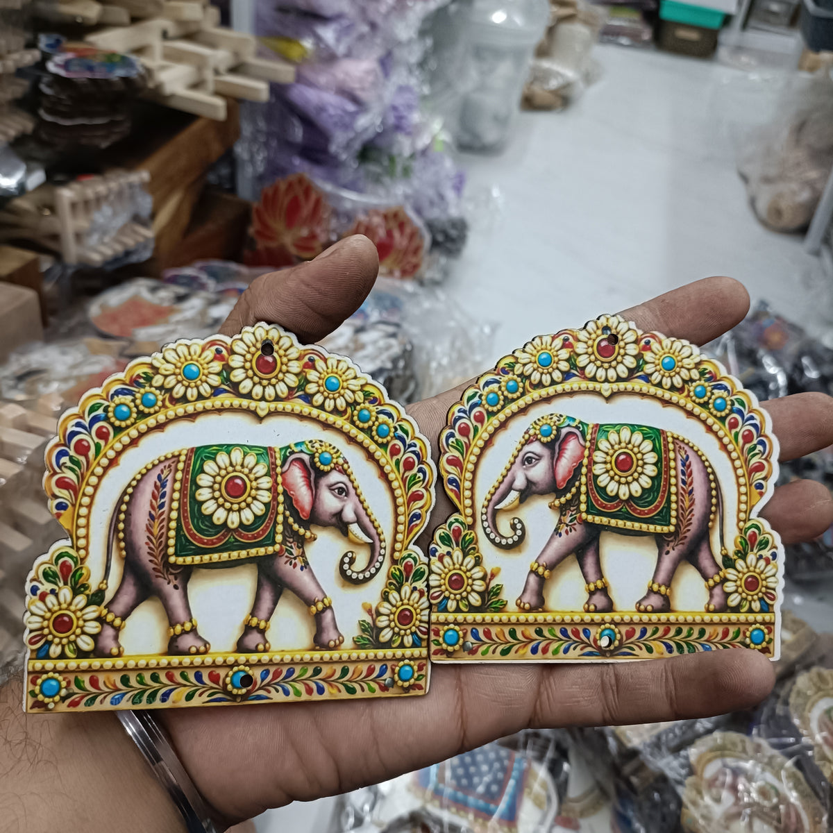 4-inch MDF elephant pair, colorful jeweled floral border with detailed elephant center