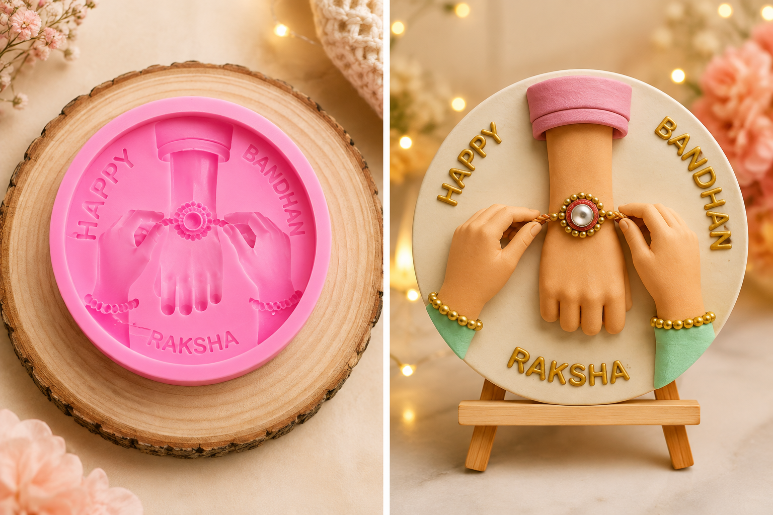 Pink circular rakhi hands mould with raised hands and 'HAPPY' lettering