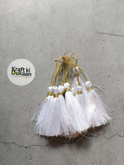Silk tassel set of 12 white tassels with gold caps and hanging loops